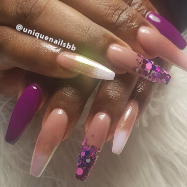 Purple chrome and glitter coffin nails