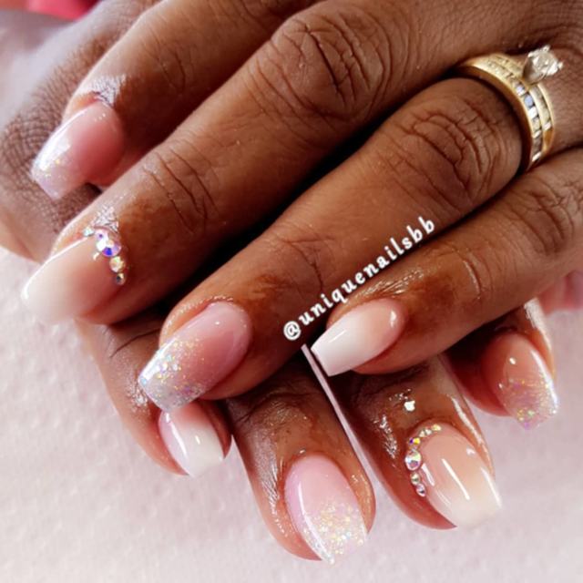Nude French nails with rhinestones