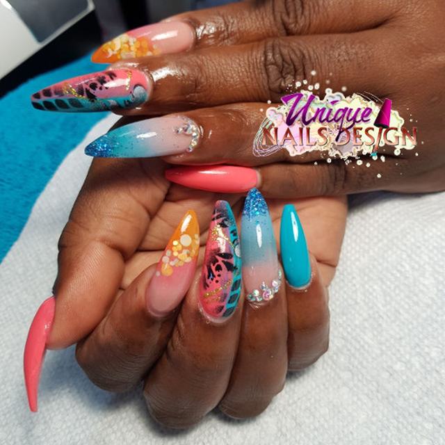 Turquoise and orange nail art